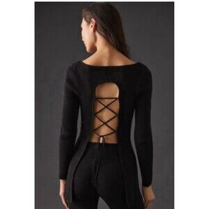 Daily Practice NWOT Bell Meadow Anthropologie Lace Black Ribbed Sweater Top M